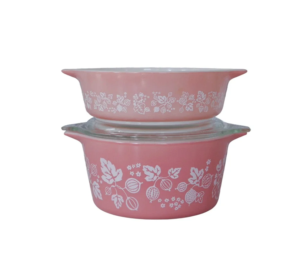 Vintage Pyrex Pink Gooseberry Cinderella Casserole Dish Bowl 471 473 and 1 Lid